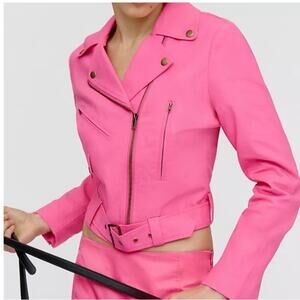 DOLAN Cropped Linen Slim‎ Moto Jacket in Pink Size S